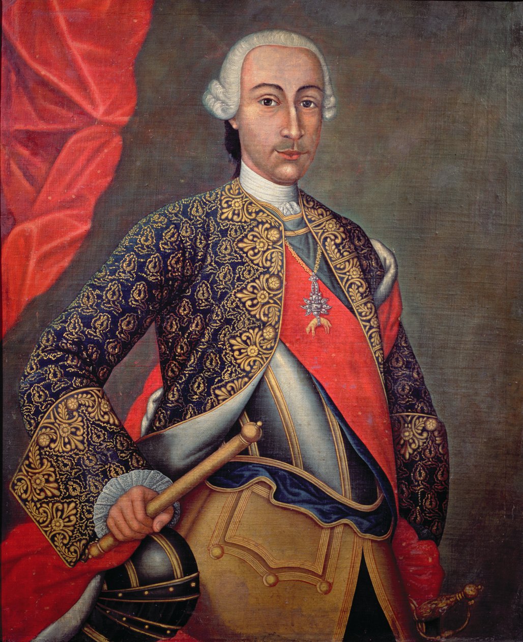 查理三世（1716-88）穿着盔甲并穿着金羊毛勋章 作者 西班牙语学校