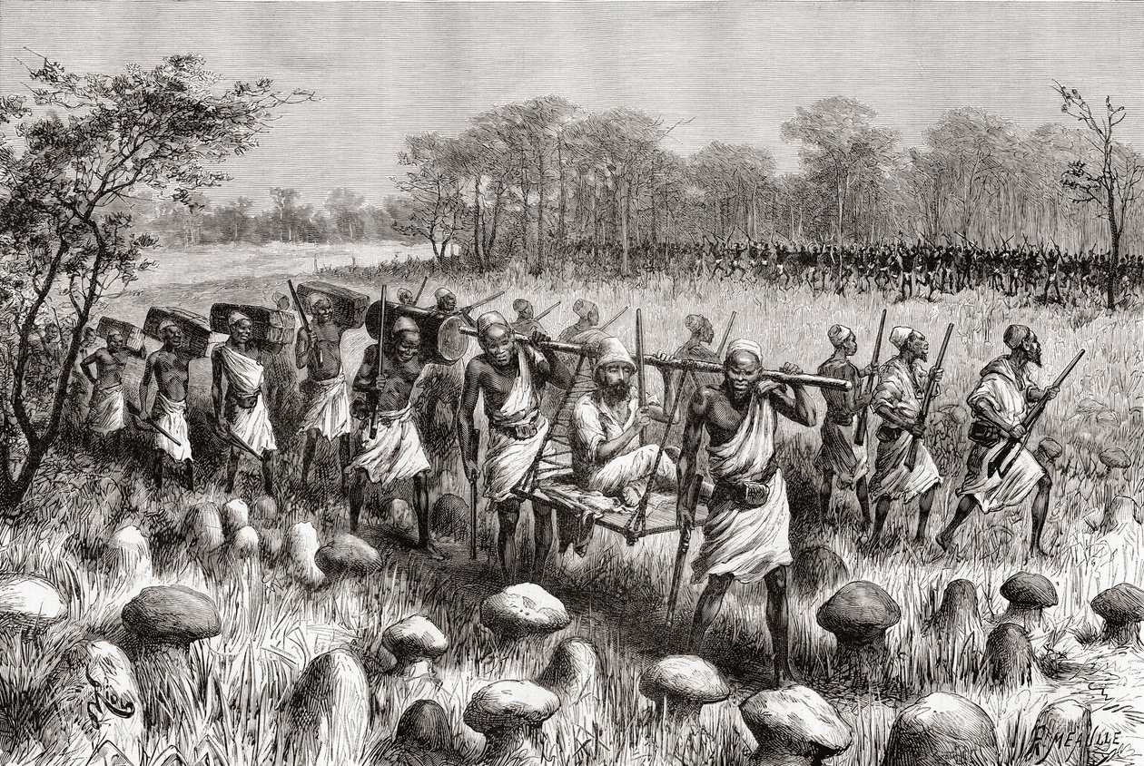 Explorer Pietro Paolo Savorgnan di Brazza离开赞比亚卡拉萨，来自&39;Africa Pintoresca&39;，1888年出版 作者 西班牙语学校