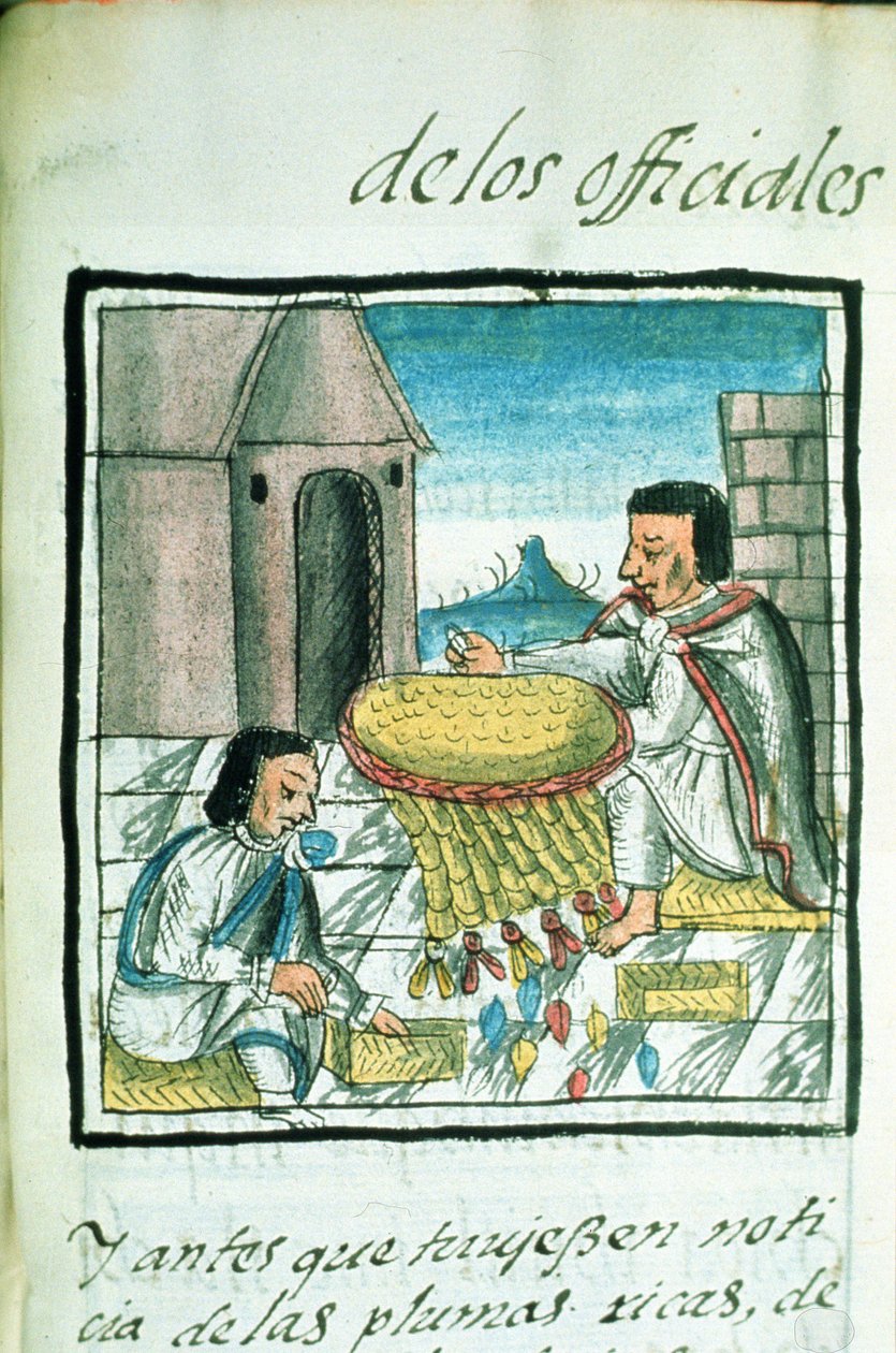 帕拉特女士。 218-220第九册阿兹特克羽毛工匠在工作中，来自Bernardino de Sahagun的&39;佛罗伦萨法典&39;，c.1540-85 作者 西班牙语学校