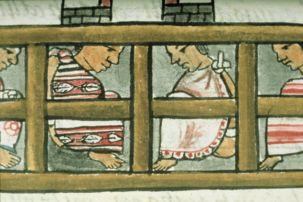 帕拉特女士。 218-220第九册阿兹特克囚犯，来自Bernardino de Sahagun的“佛罗伦萨法典”，第1540-85页 作者 西班牙语学校