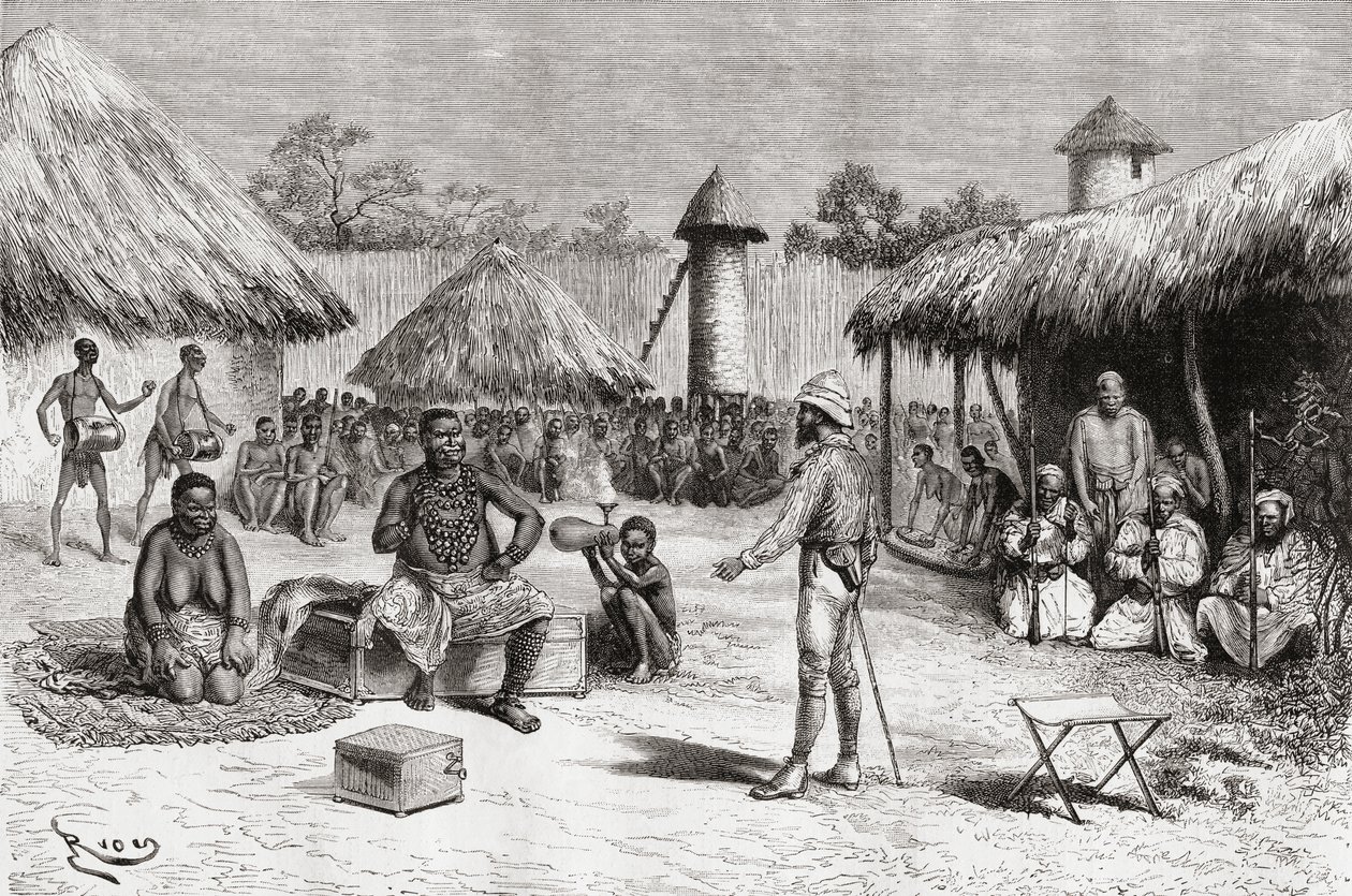 探险家Pietro Paolo Savorgnan di Brazza在非洲中部Uemba的Ketimkuru住宅的接待处，于1888年出版的&39;Africa Pintoresca&39; 作者 西班牙语学校