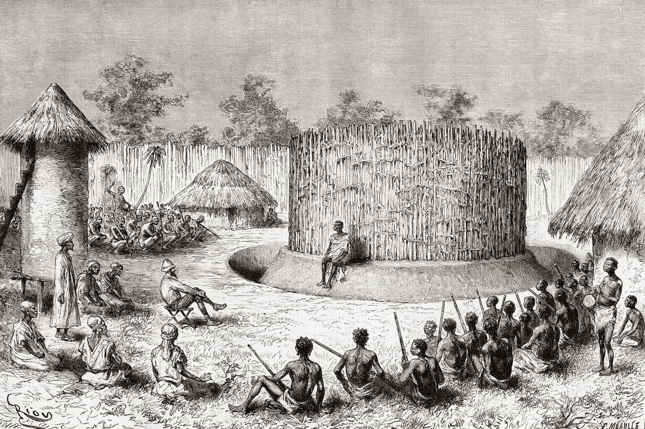 探索者Pietro Paolo Savorgnan di Brazza在坦桑尼亚Chief Mkewe村的接待，来自&39;Africa Pintoresca&39;，于1888年出版 作者 西班牙语学校