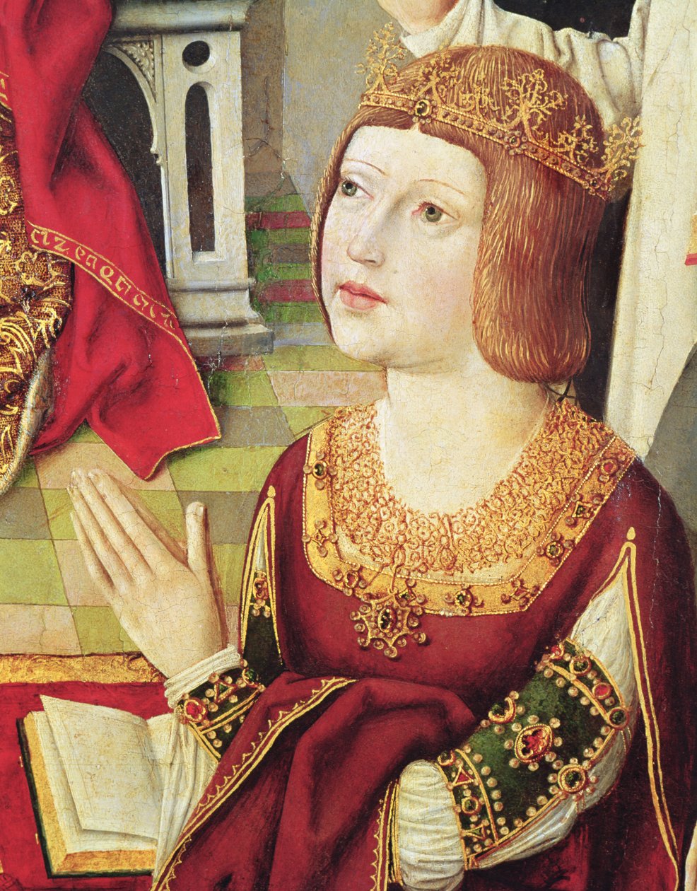 天主教国王的处女，Isabella de Castille（1451-1504）c.1490的细节（见60603和3947） 作者 西班牙语学校