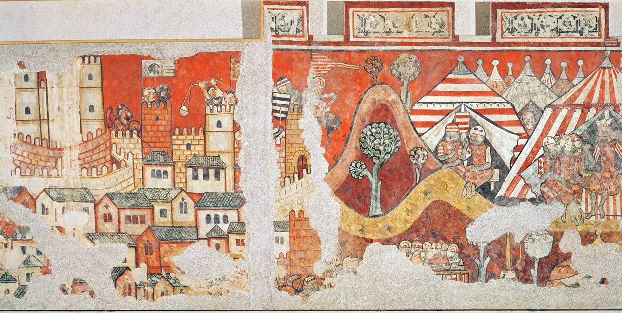 1229年在马略卡岛围困期间，阿拉贡国王詹姆斯一世的皇家营地，详细描述了1280年帕拉西奥阿吉拉尔的壁画 作者 西班牙语学校