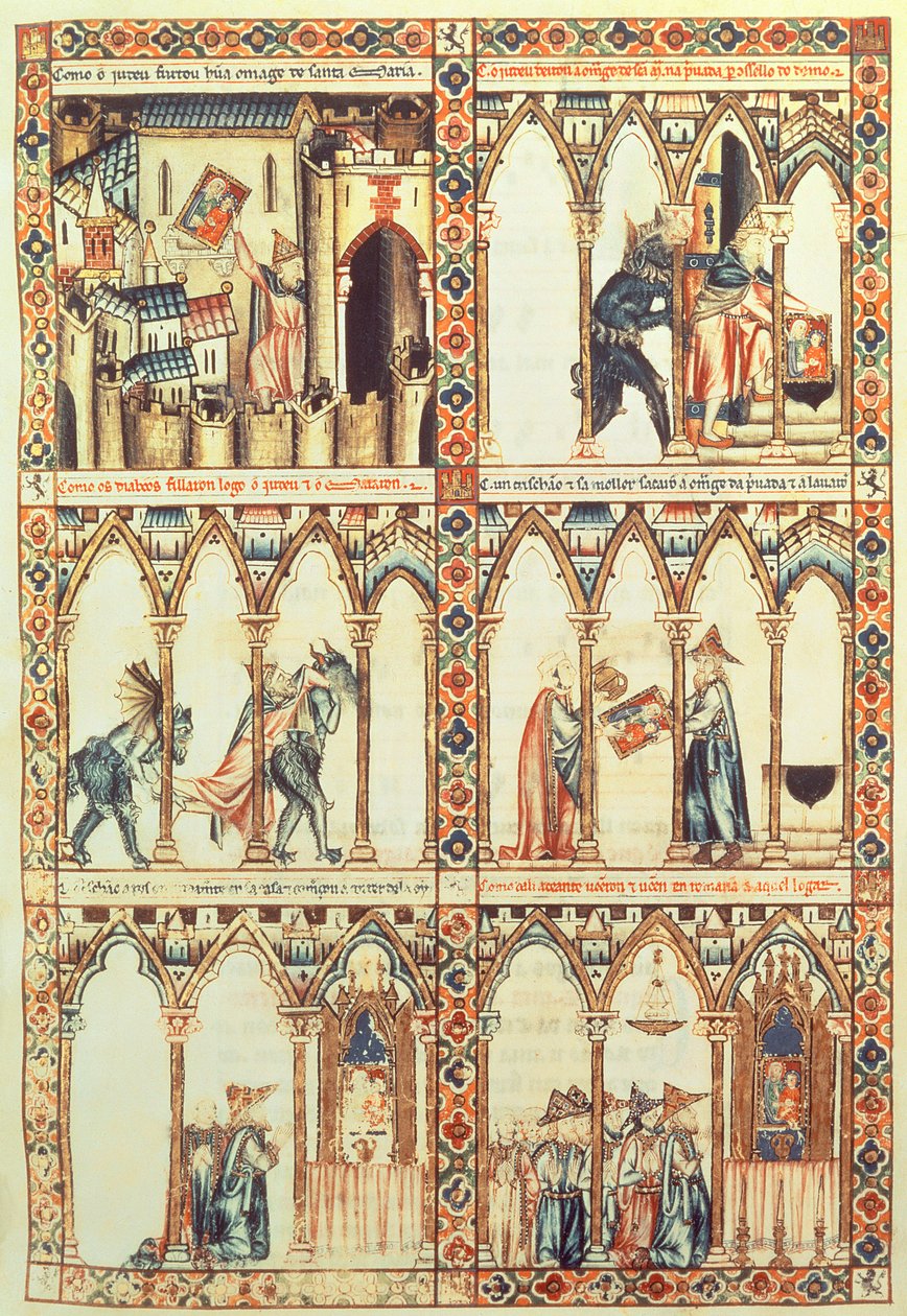 102-0002738 T.I.I. Cantiga 34，来自“Cantigas de Santa Maria”的插图，在卡斯蒂利亚和莱昂国王阿方索十世（“智者”）（1221-84 年）的指导下制作（牛皮纸）（另见 68647） 作者 西班牙语学校