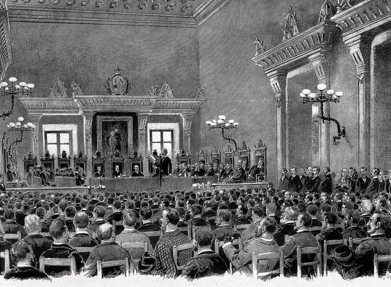 加泰罗尼亚民族主义者的聚会聚集在曼雷萨市政厅，以起草 1892 年为加泰罗尼亚地区宪法服务的 16 个基础。Jaume Pahissa 绘图。 作者 西班牙语学校