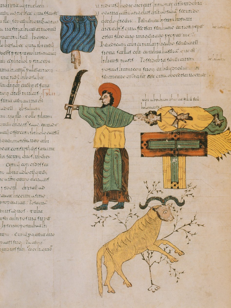 亚伯拉罕即将牺牲他的儿子艾萨克，来自圣伊西多尔的Visigothic-Mozarabic圣经，a 960（牛皮纸上的蛋彩画） 作者 西班牙语学校