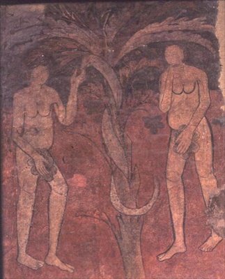 亚当和夏娃，罪的起源，中央教堂后殿凯旋门的壁画，Sta。 玛丽亚·德·巴贝拉（壁画） 作者 西班牙语学校