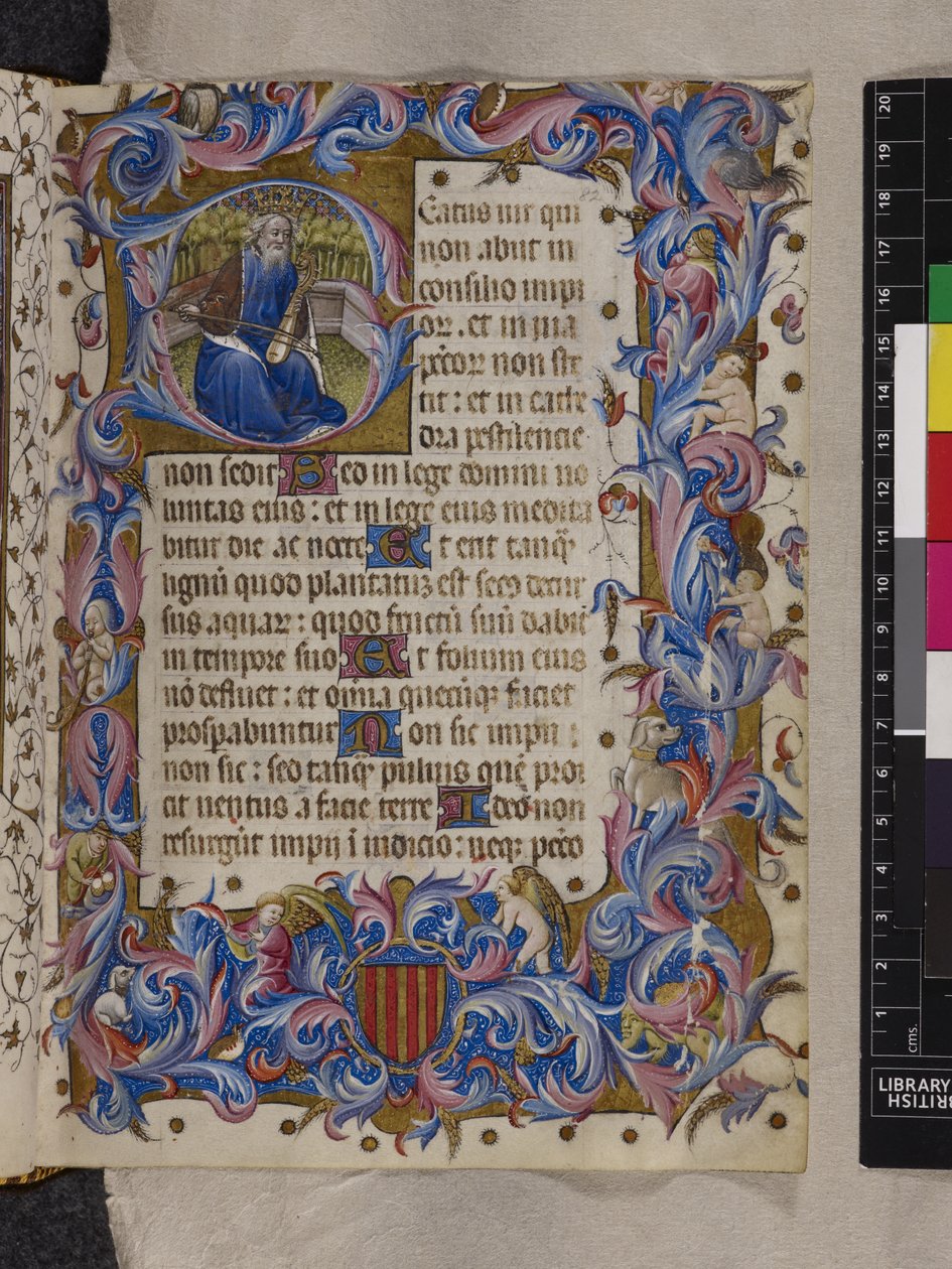添加 MS 28962 f.82r 首字母 "B"，描绘大卫王，诗篇 I，选自 "诗篇和时辰，多明我会用 "或 "阿拉贡的阿尔方索五世祈祷书"，约 1436-43 年（牛皮纸上的墨水、彩色和金色）。 作者 西班牙语学校