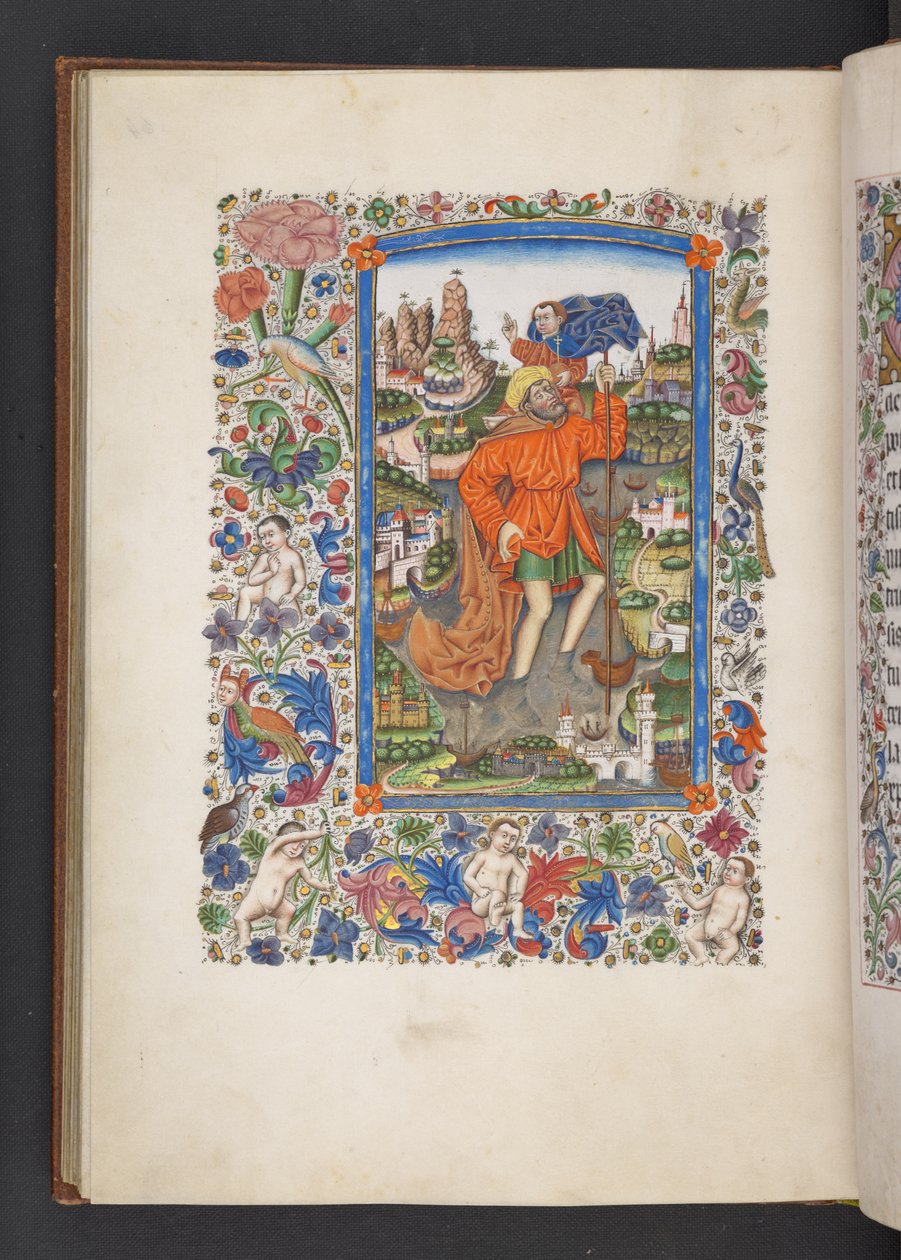 添加 MS 50004 f.64v 圣克里斯托弗怀抱圣婴，"时辰表"（牛皮纸上的墨水、彩色和金色）。 作者 西班牙语学校