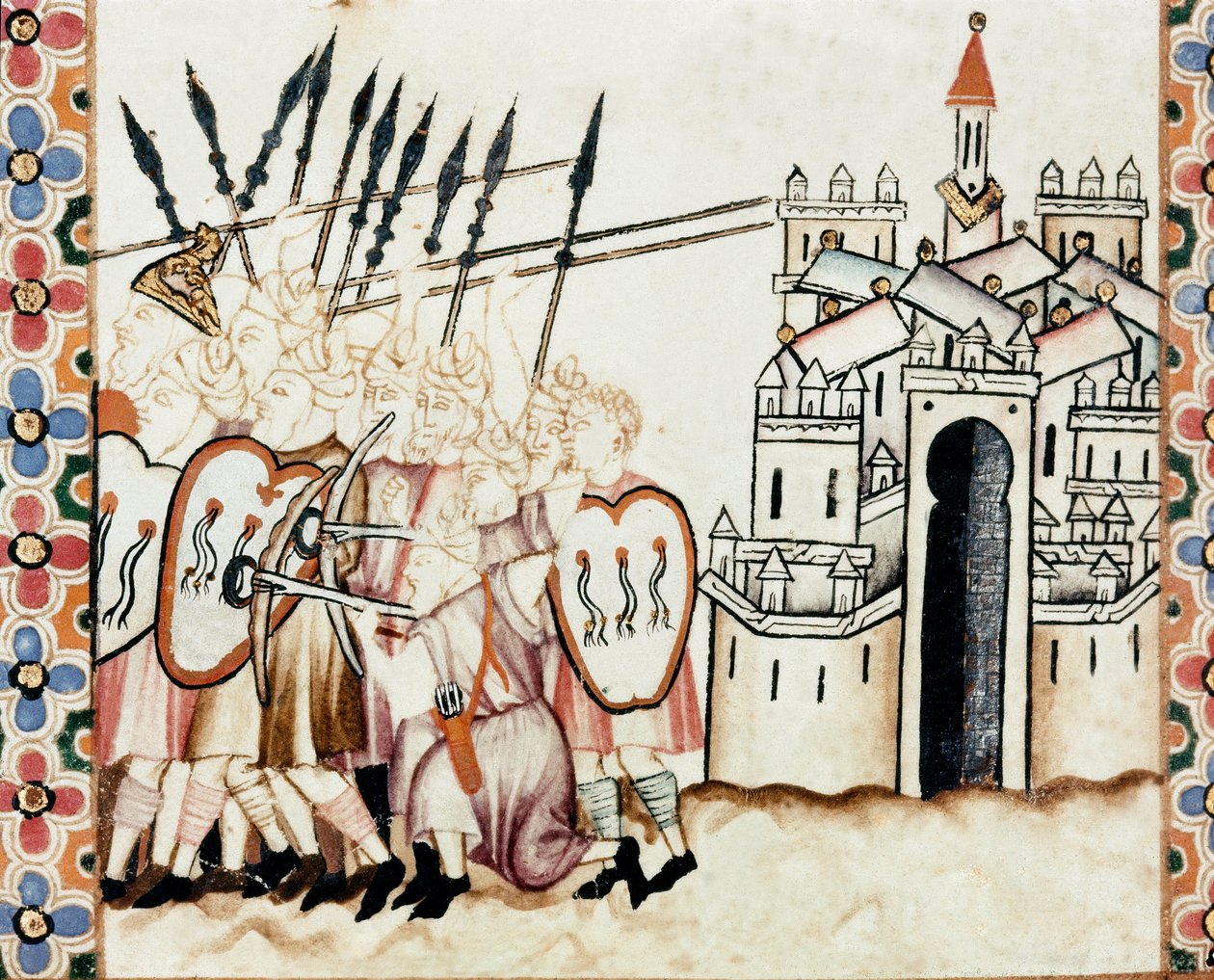 摩尔人的军队保卫一座城市 从圣玛丽之歌 (Cantigas de Santa Maria) 手稿中取出的一页细节，装饰着献给圣玛丽和她的奇迹的微型图，这是阿方索十世统治下的歌曲集 瓦 作者 西班牙语学校