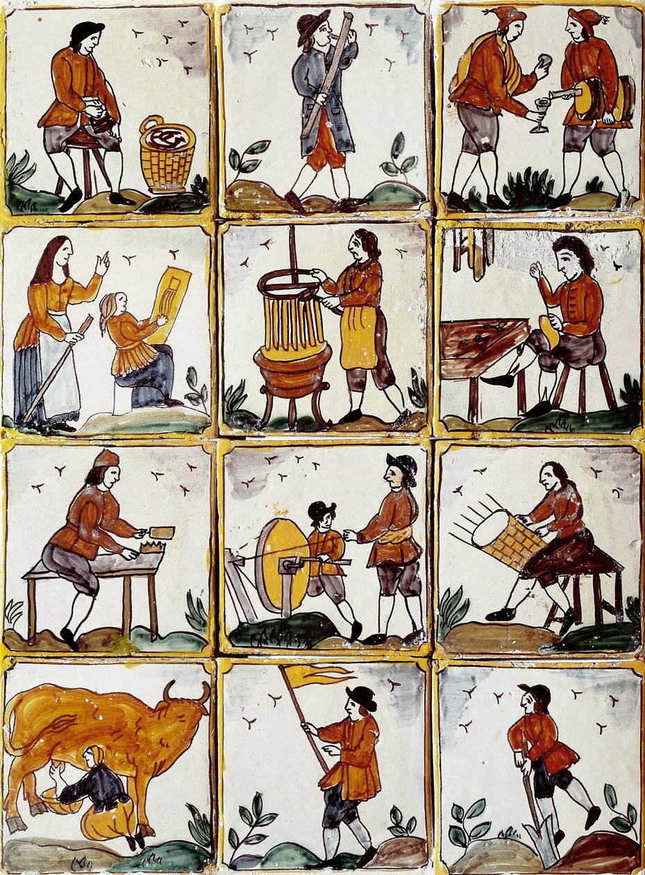 Artisanal trades: shoemaker, cooper, wicker basket manufacturer, winemaker, drawing lecon, musician, cow milking, sharpener, farmer, ebenist. Catalan ceramic tiles (Spain) 作者 西班牙语学校