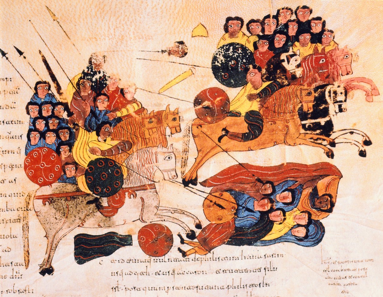 希伯来人和非利士人之间的战斗，来自圣伊西多尔的Visigothic-Mozarabic圣经，公元960年，公元960年（牛皮纸上的蛋彩画） 作者 西班牙语学校