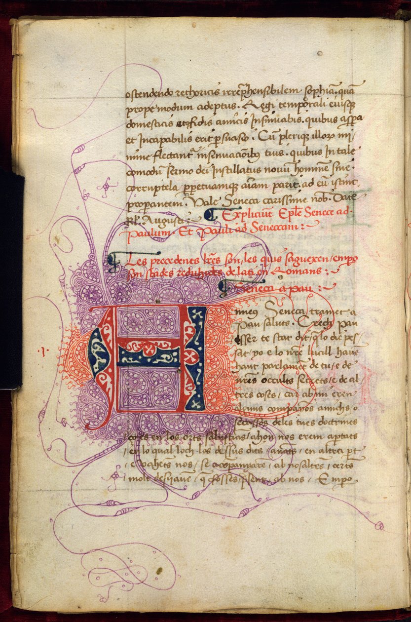 伯尼 252 号，第 4v 页，谜语首字母 "A"（nneus），位于 Pseudo-Seneca 的《致保罗书信集》（牛皮纸）西班牙文译本的开头。 作者 西班牙语学校