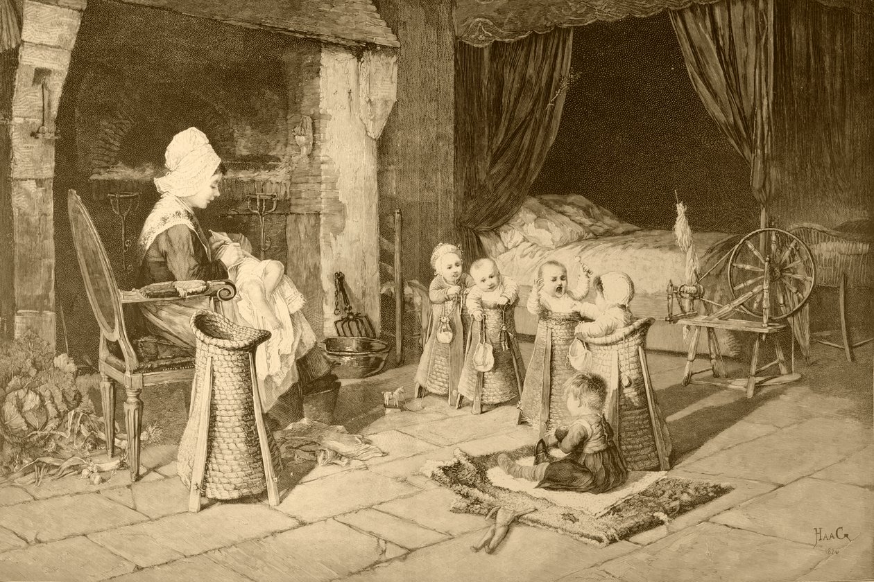 经过Haag的绘画之后，儿童在一个村庄的家，来自&39;Album Artistico&39;，出版于1890年 作者 西班牙语学校