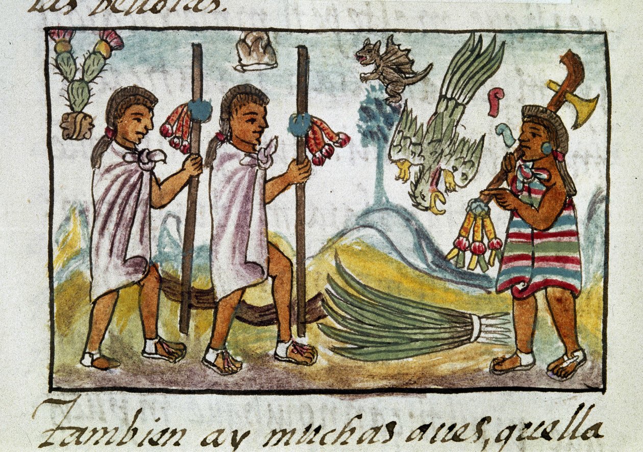 征服墨西哥的法典：伪装在 Tzinacantlan 的商人。贝尔纳迪诺-德-萨哈贡（Bernardino de Sahagun）的佛罗伦萨手稿《阿兹特克人的历史》（Storia degli Aztechi）的缩影 作者 西班牙语学校