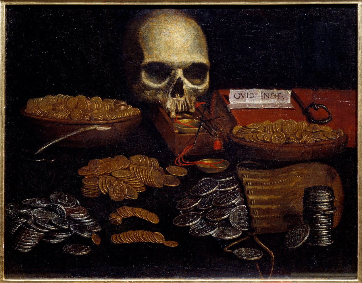 Coin Vanity Allegory of passing time and death, wealth and human pleasures. Painting of the Spanish School. 17th century Rouen, Museum of Fine Arts 作者 西班牙语学校