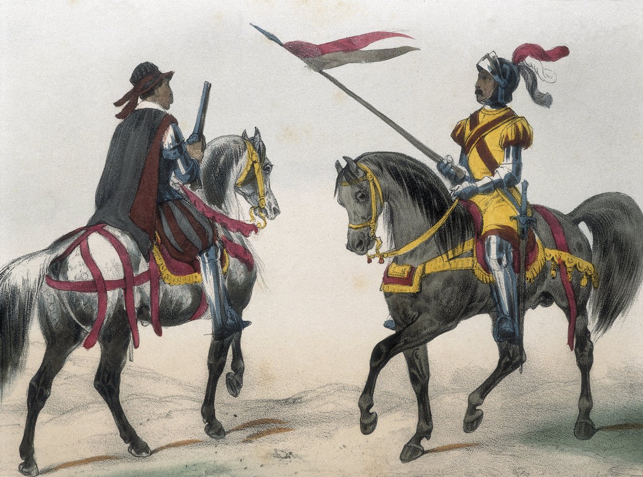 DE SOTTO, Serafin Maria, Earl of Clonard (1793 - 1862).Historia organica de las armas de Infanteria y Caballeria espanolas.1851 - 1859.西班牙菲利普二世统治时期的骑兵。"Heraldo de caballeria"（武器传令官）和 "hombre de armas"（骑兵）。 作者 西班牙语学校