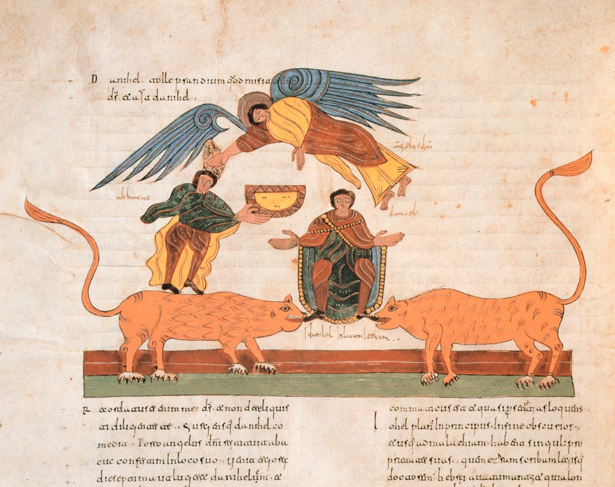 丹尼尔在狮子山，来自圣伊西多尔的Visigothic-Mozarabic圣经，fol.325v。，公元960年（牛皮纸上的蛋彩画） 作者 西班牙语学校