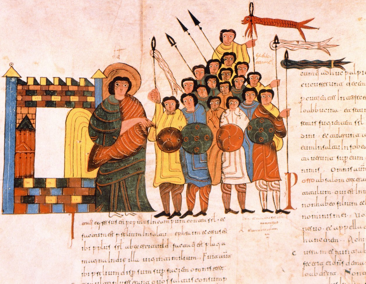 从圣伊西多尔斯的Visigothic-Mozarabic圣经出发，参加国王戴维斯军队的战争，第131卷，公元960年（牛皮纸上的蛋彩画） 作者 西班牙语学校