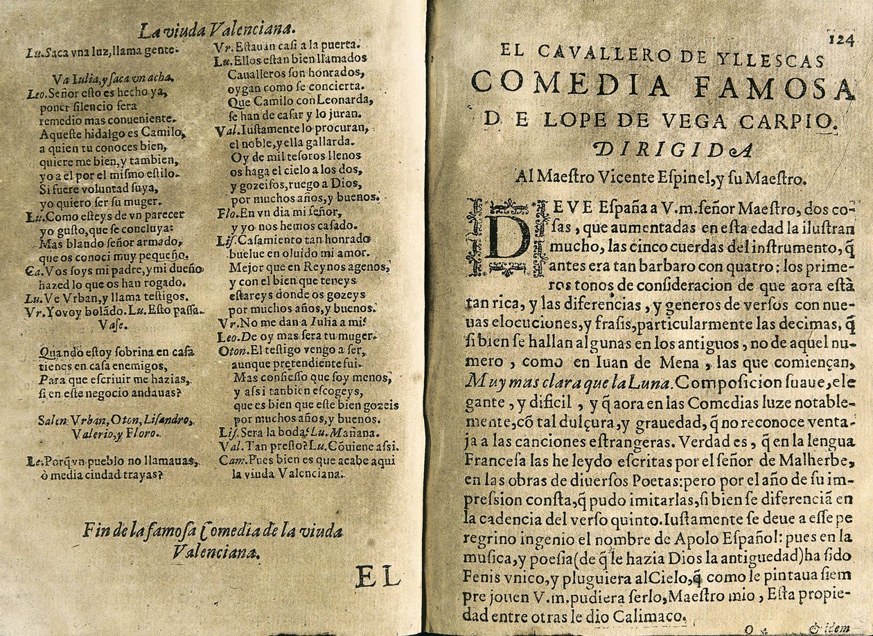 ESPINEL，Vicente（1550-1624 年）。西班牙音乐家和古典诗人；维加-卡尔皮奥，费利克斯-洛佩-德（1562-1635 年）。"El cavallero de Yllescas》，收录于《Parte catorze de las comedias de Lope de Vega》中的喜剧，由费尔南的遗孀在马德里出版。 作者 西班牙语学校
