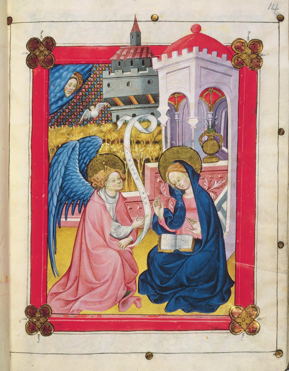 Eg 2653 f.14 《圣母领报》，选自《圣母时辰》（牛皮纸） 作者 西班牙语学校