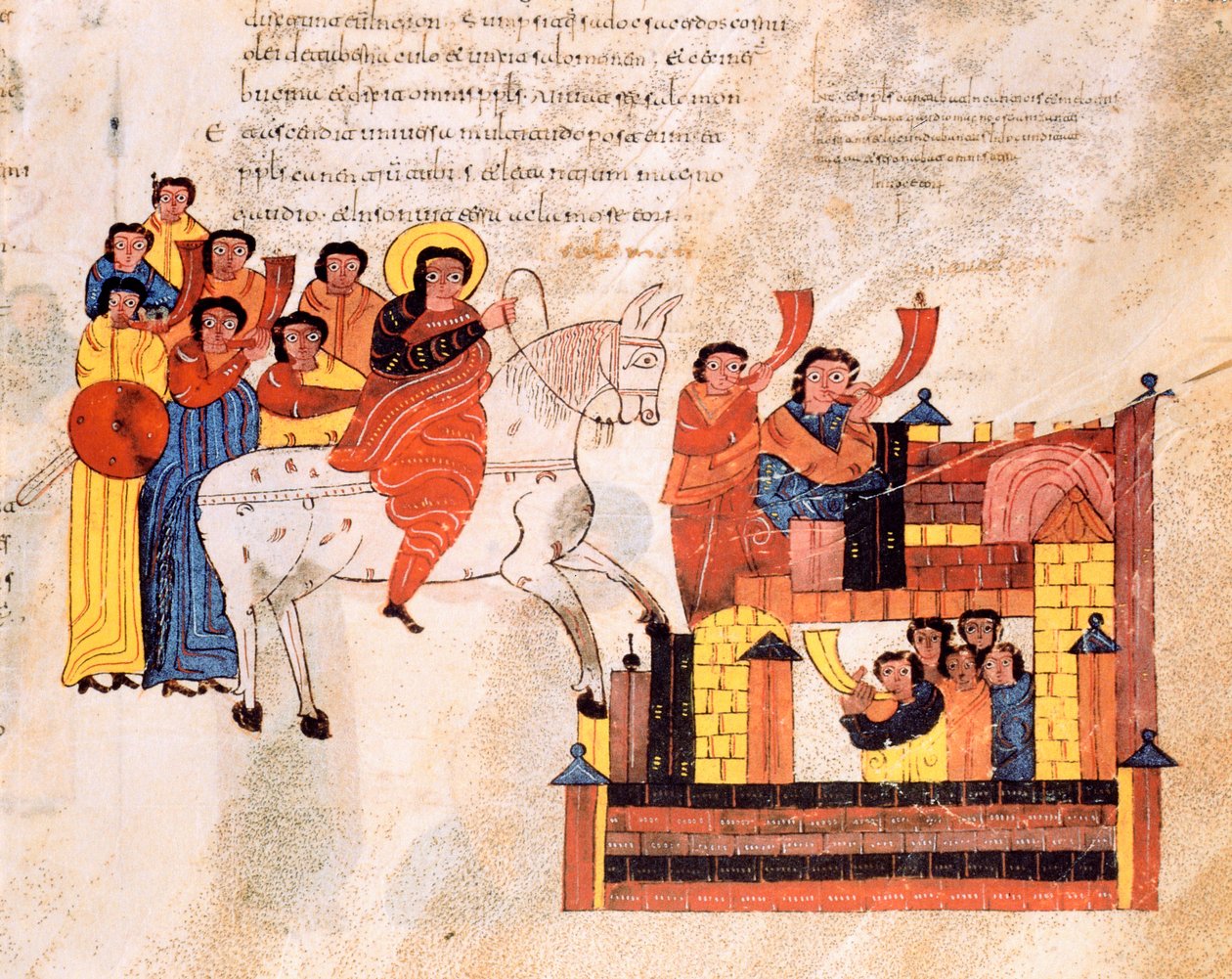 大卫王进入耶路撒冷，听到喇叭声，来自圣伊西多尔斯的Visigothic-Mozarabic圣经，第135页，公元960年 作者 西班牙语学校