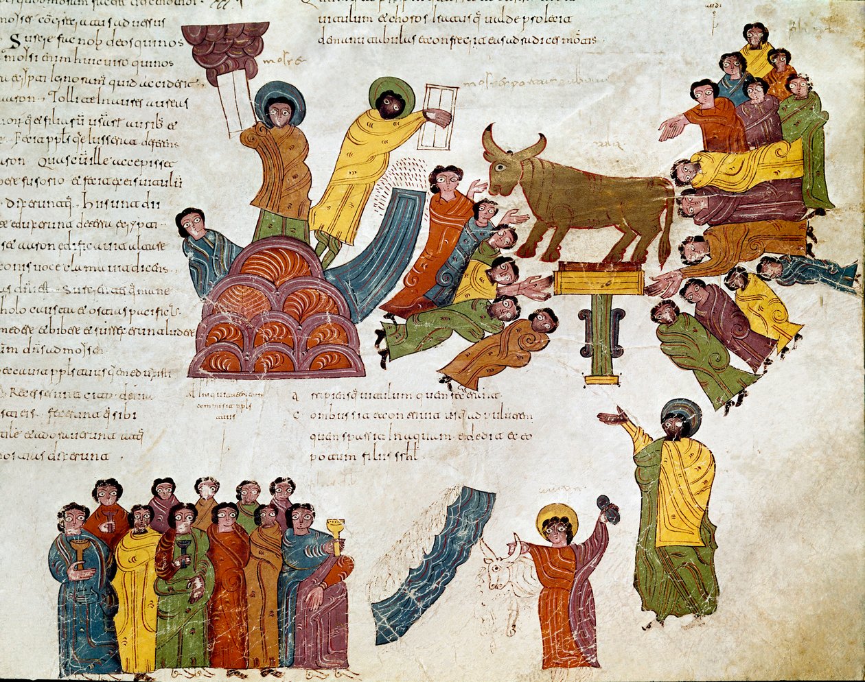 Exodus: “” the adoration of the golden calf””” Moses and the Tables of the Law. Miniature from a Mozarabic Bible. 10th century. Leon. Library of the Royal Collegiale of Saint Isidore. Spain 作者 西班牙语学校
