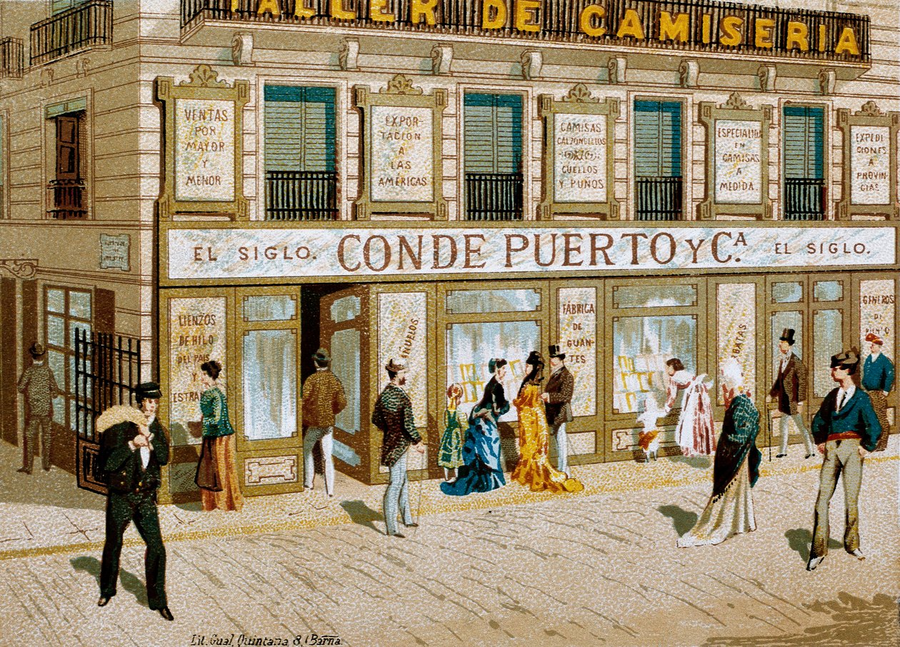 时尚：面料店“Conde Puerto”巴塞罗那精品店的广告海报。 19世纪 作者 西班牙语学校