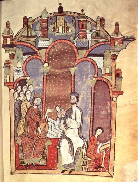 Fol.1r法院场景与文士，来自Liber feudorum maior 作者 西班牙语学校