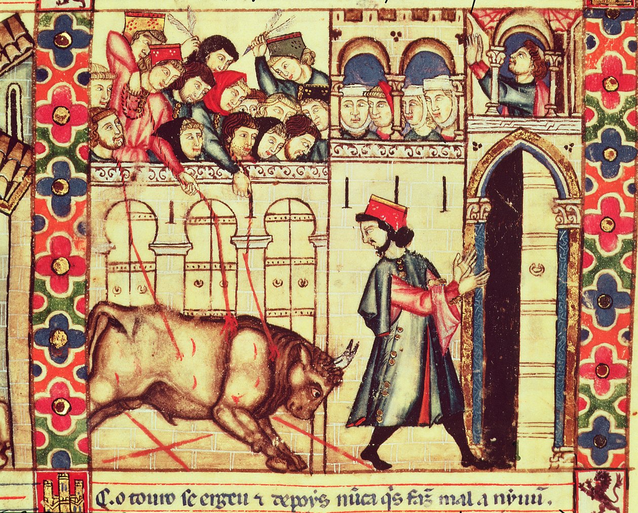 Fol.200r在阿方索十世卡斯蒂利亚和莱昂的智慧国王的指导下制作的手稿中的公牛之死 作者 西班牙语学校