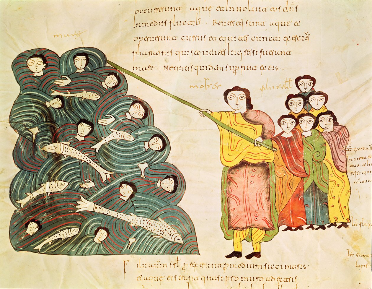 Fol.39v Moses从圣经Mozarabe关闭埃及人的红海 作者 西班牙语学校