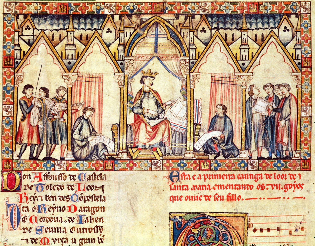 Fol.5r阿方索十世（1221-84）的宫廷，卡斯蒂利亚和莱昂的智者，来自Cantigas de Santa Maria的缩影 作者 西班牙语学校