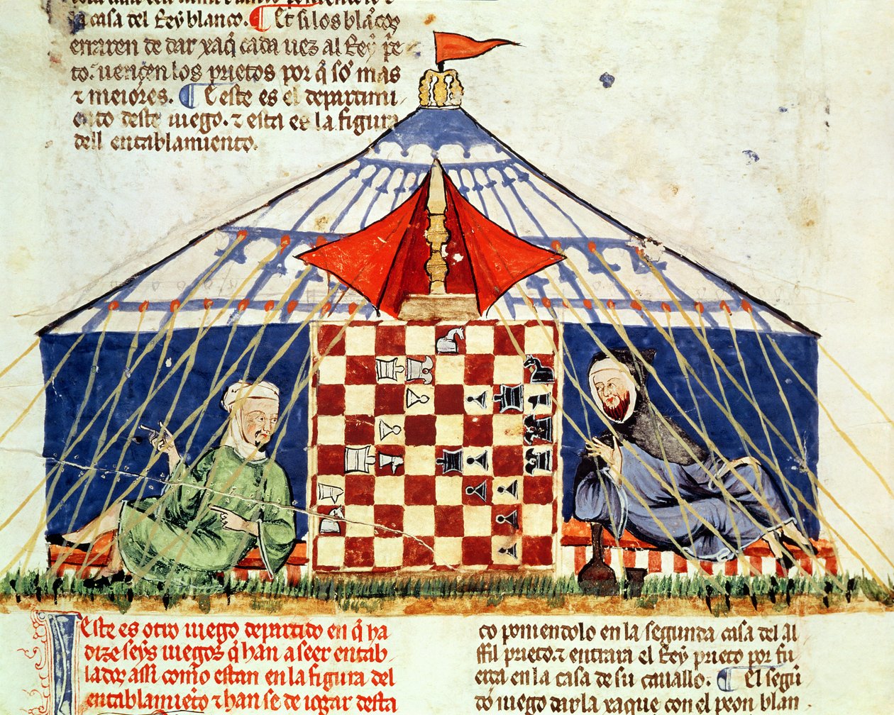 Fol.62v两名阿拉伯人在帐篷里下棋，来自游戏，国际象棋，骰子和委员会，1282 作者 西班牙语学校