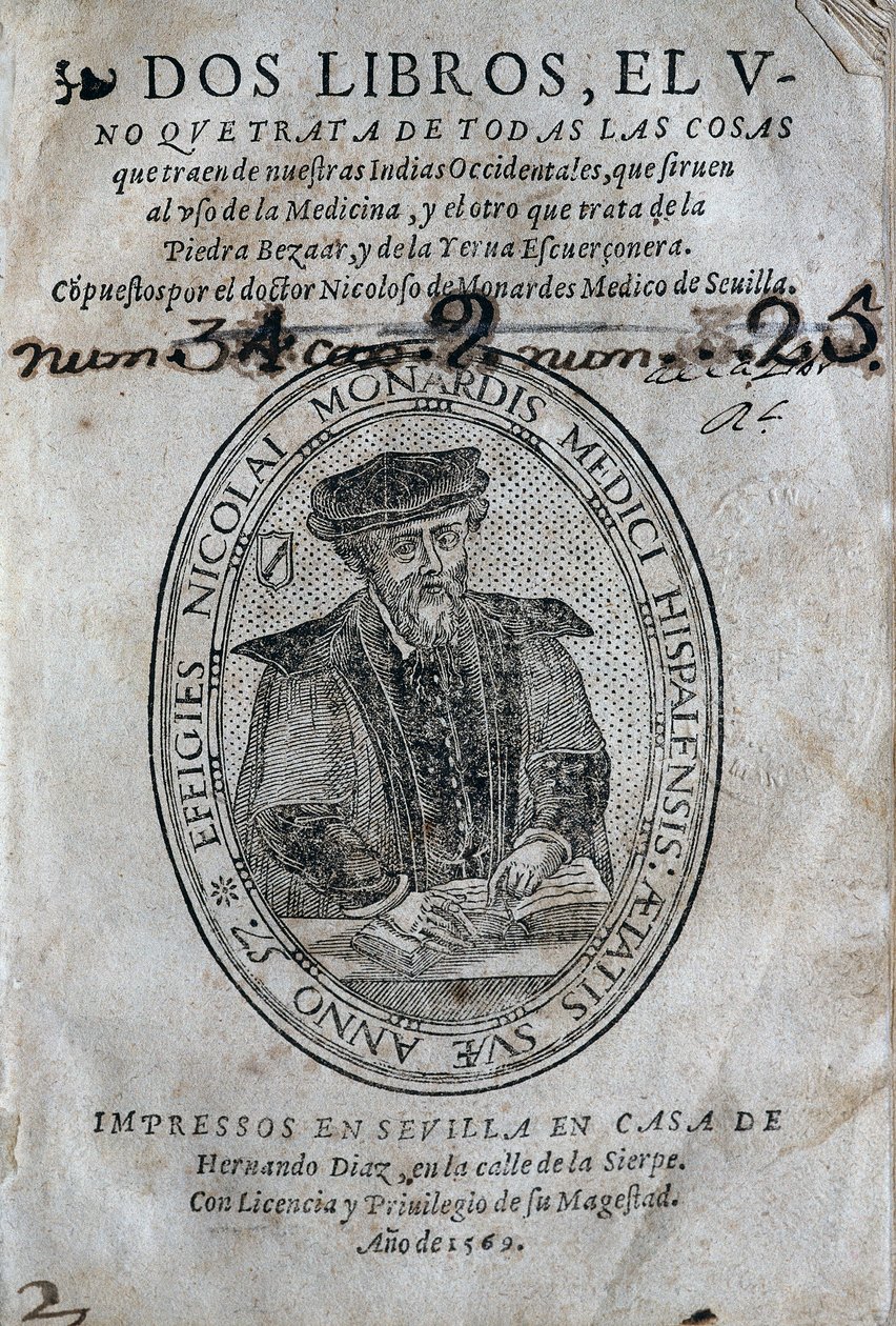 Frontispiece, with the portrait of Nicolas Monardes (1493-1588) of a medicine book from the islands of the Spanish Caribbean and uses of the bezoard (anti-poison). Work by Nicolas Monardes, edition 1569, by Hernando Diaz, in Seville. University Library of  作者 西班牙语学校