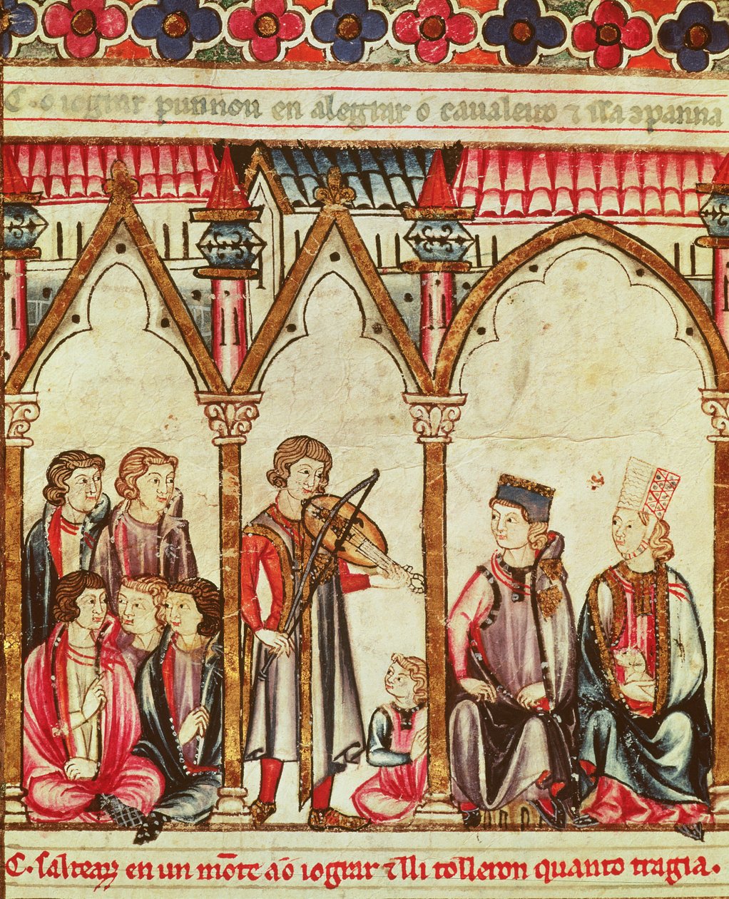一群Troubadours，来自Cantigas de Santa Maria的插图，在Alfonso X（智者）卡斯蒂利亚和莱昂国王（1221-84）的指导下制作（另见56625） 作者 西班牙语学校