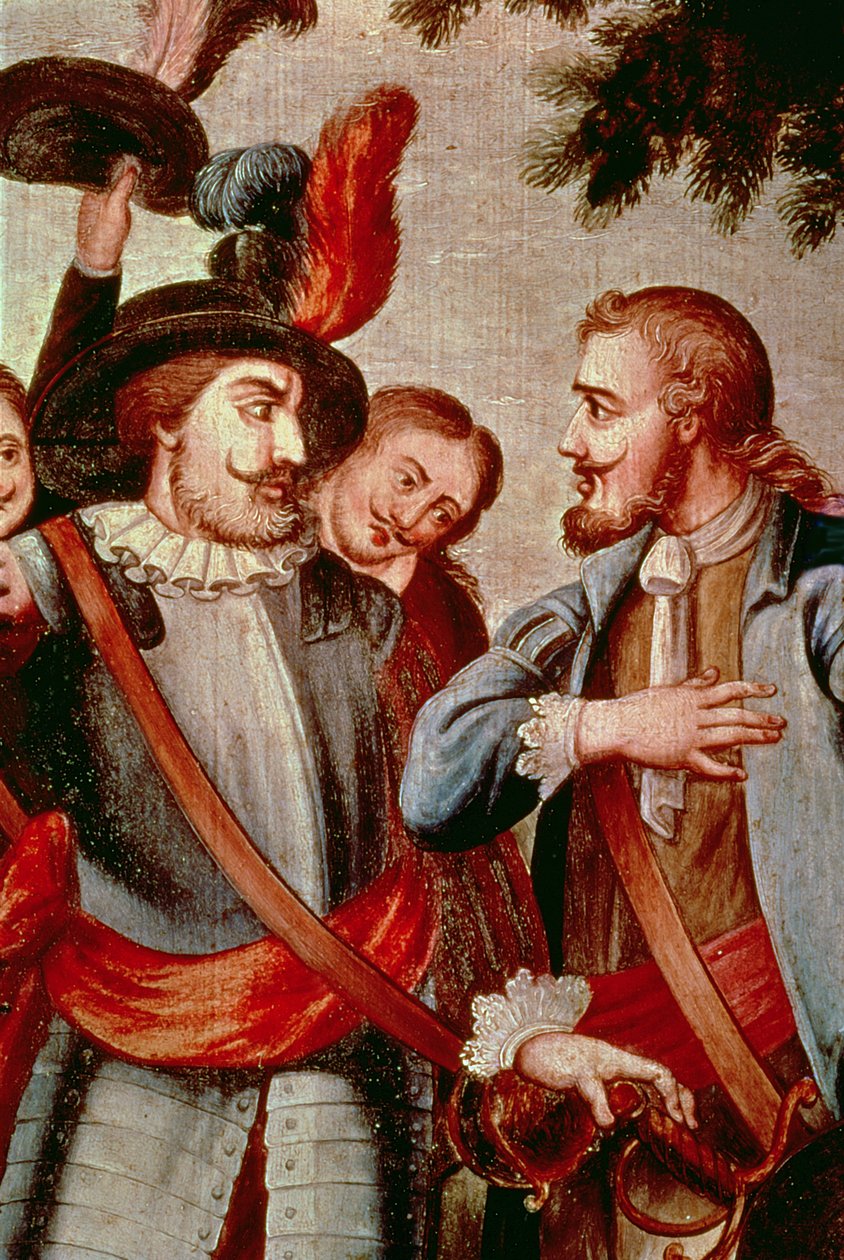 埃尔南多·科尔特斯 (Hernando Cortes) (1485-1547) 和迭戈·迪·委拉斯开兹 (Diego di Velasquez) (1465-1524)（布面油画）（局部）（参见 113574） 作者 西班牙语学校