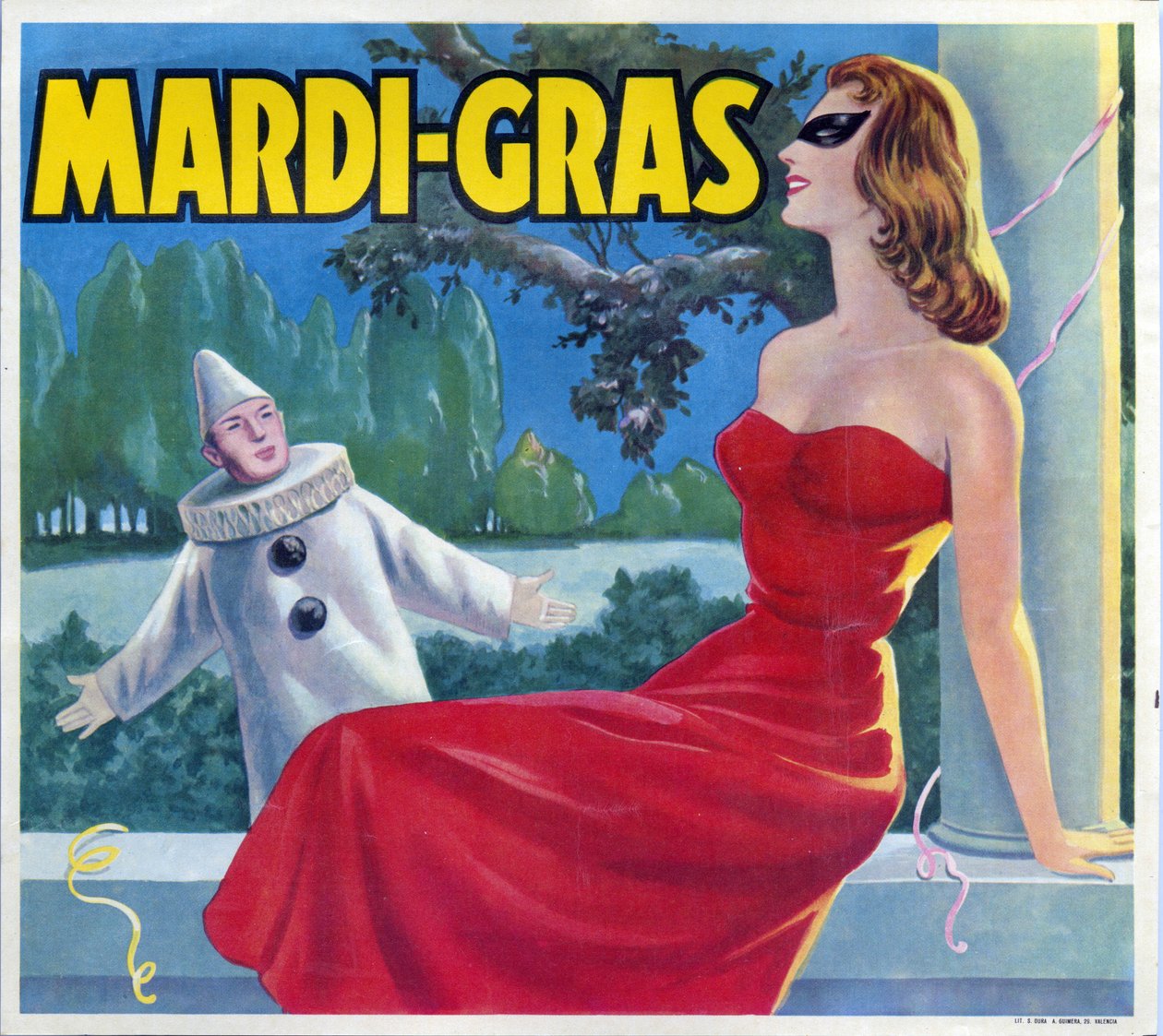 伪装成皮耶罗和一个戴面具的女人的Mardi-Gras派对（狂欢节）插图。广告，瓦伦西亚，20世纪。 作者 西班牙语学校