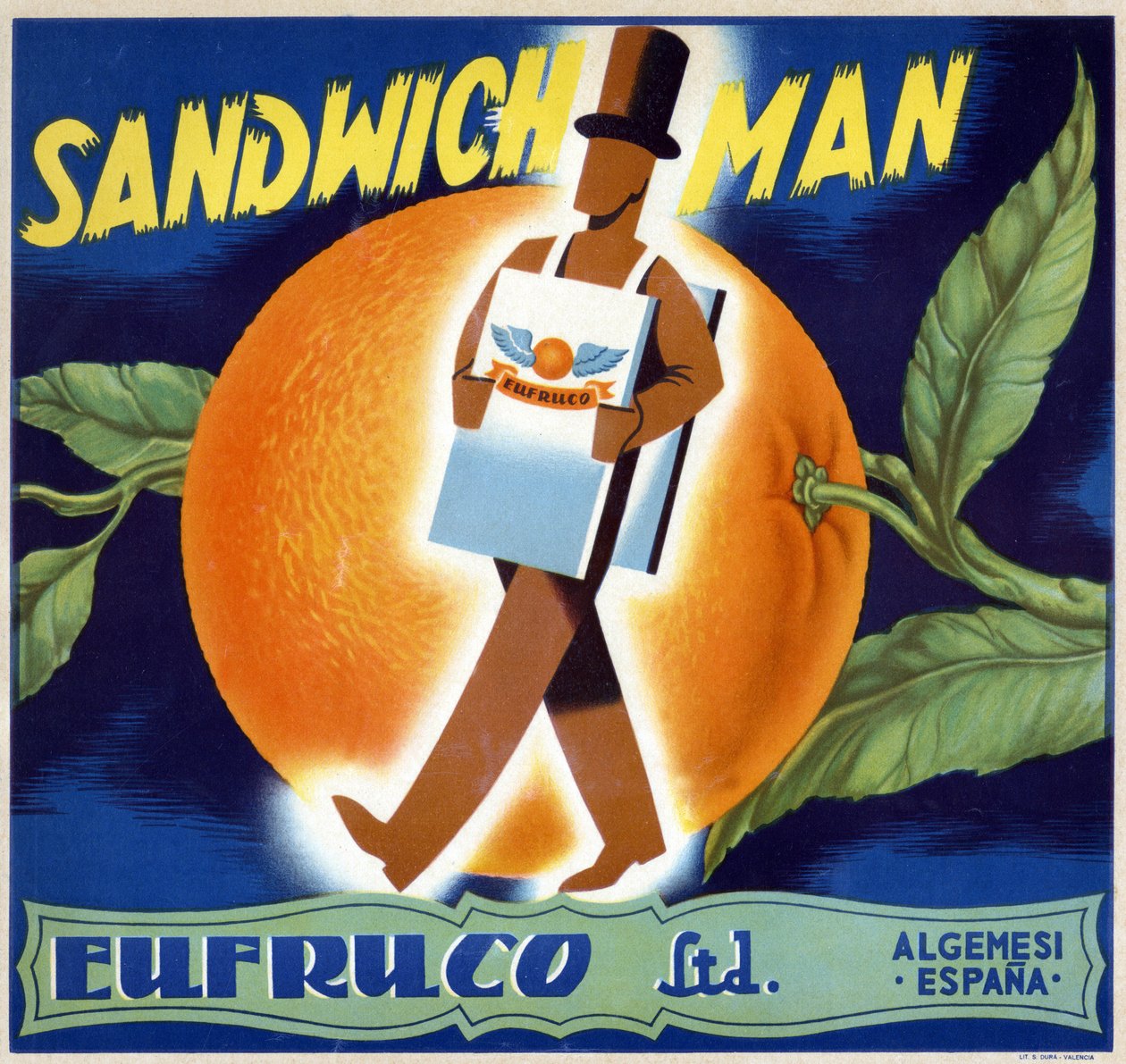 Illustration of a “man-sandwich”. Label for oranges “” Eufruco””, Valencia, 20th century. 作者 西班牙语学校