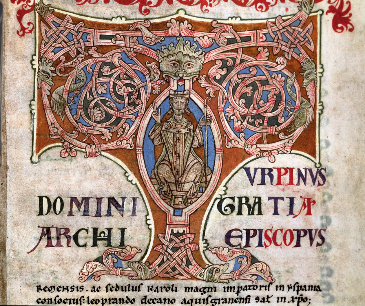 初始T描述了Charlemagne，来自Codex Calixtinus的插图，c.1140 作者 西班牙语学校