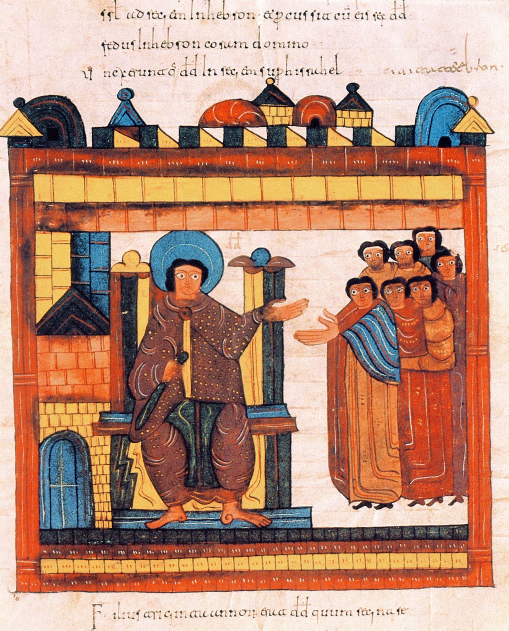 大卫王坐在他的宝座上，被他的宫廷所包围，来自圣伊西多尔的Visigothic-Mozarabic圣经，公元960年，公元960年（牛皮纸上的蛋彩画） 作者 西班牙语学校