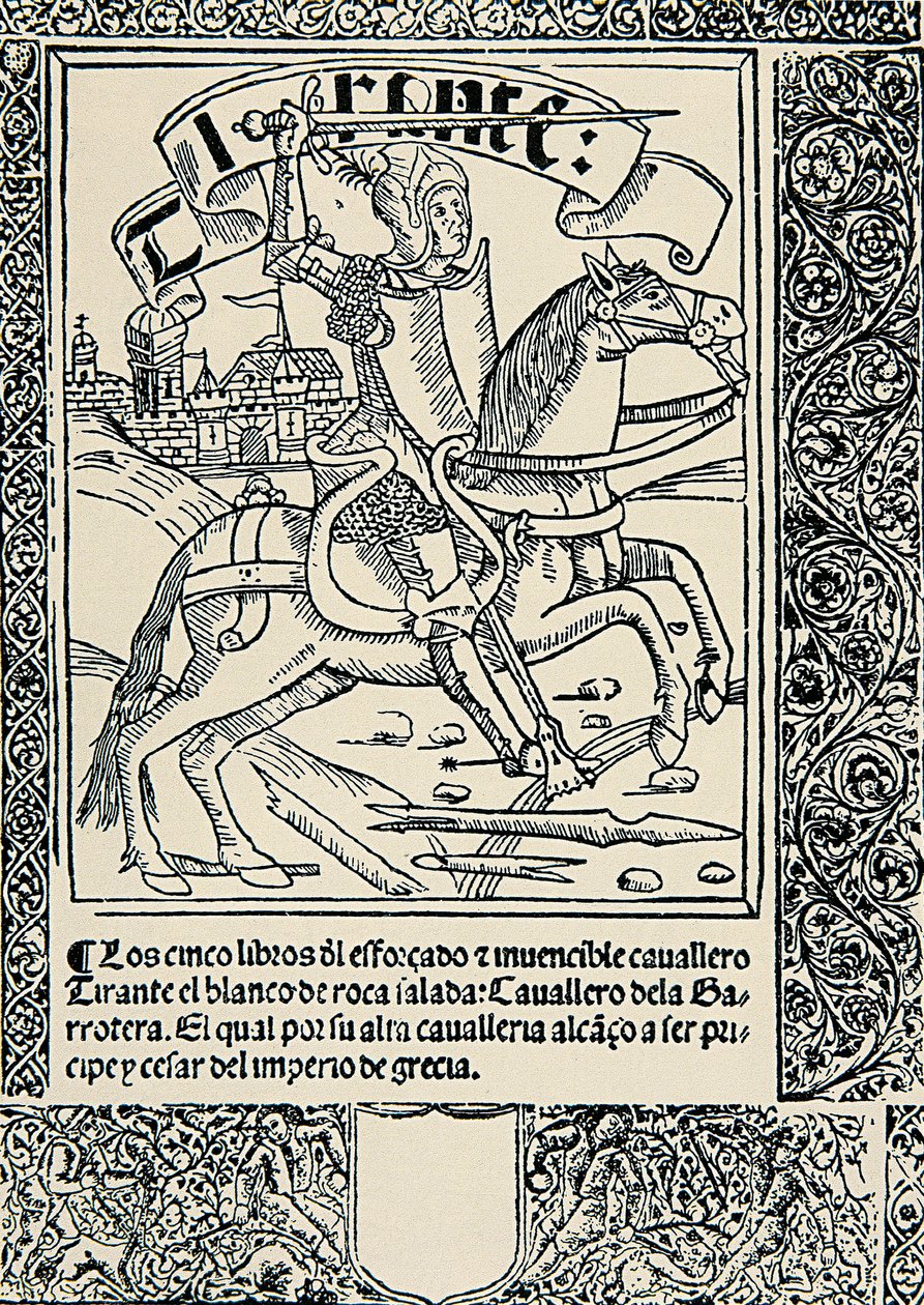 骑士在他的坐骑上，Joanot MARTORELL (1413-1468) 西班牙作品《Tirant lo Blanc》的卷首 作者 西班牙语学校