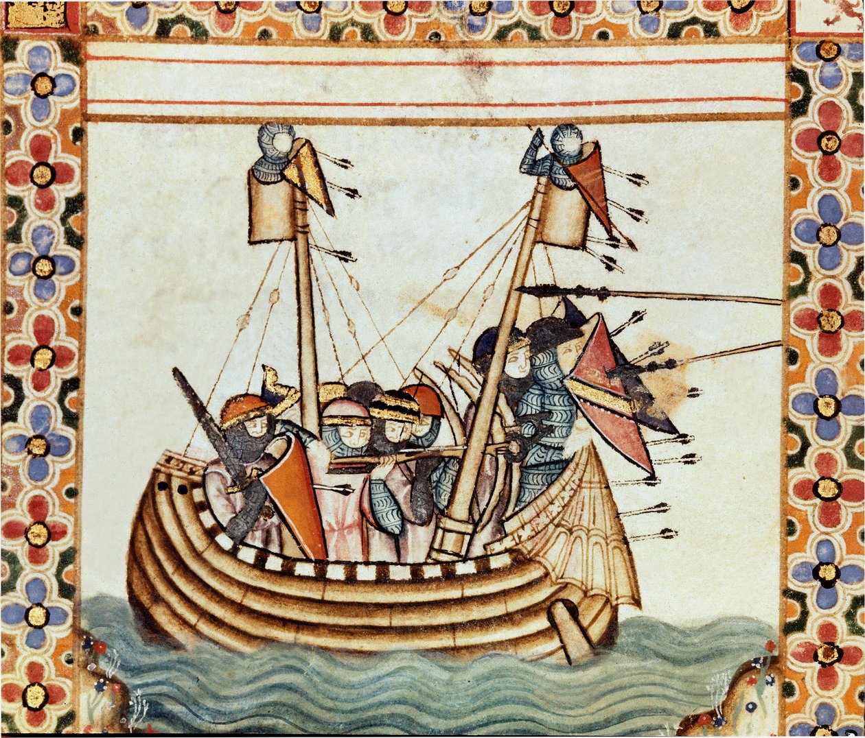 Les croises 途中围攻 Sarrazine 堡垒 从圣玛丽之歌 (Cantigas de Santa Maria) 手稿中取出的一页细节，装饰着献给圣玛丽和她的奇迹的微缩模型，在 reg 下的歌曲集 作者 西班牙语学校