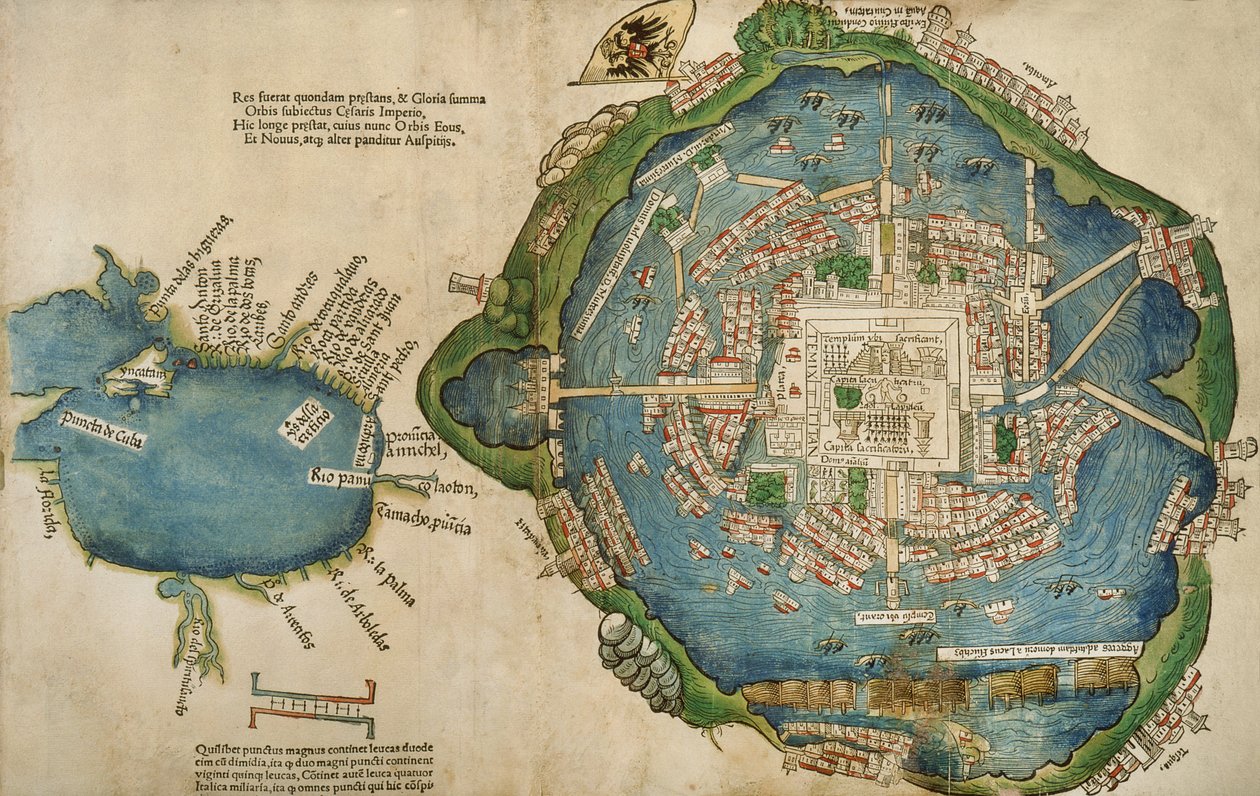 特诺奇蒂特兰城的埃尔南多·科尔特斯（1485年至1547年），1524谈论新的大西洋西班牙地图和墨西哥湾，从细Ferdinadi Cortesi的 作者 西班牙语学校