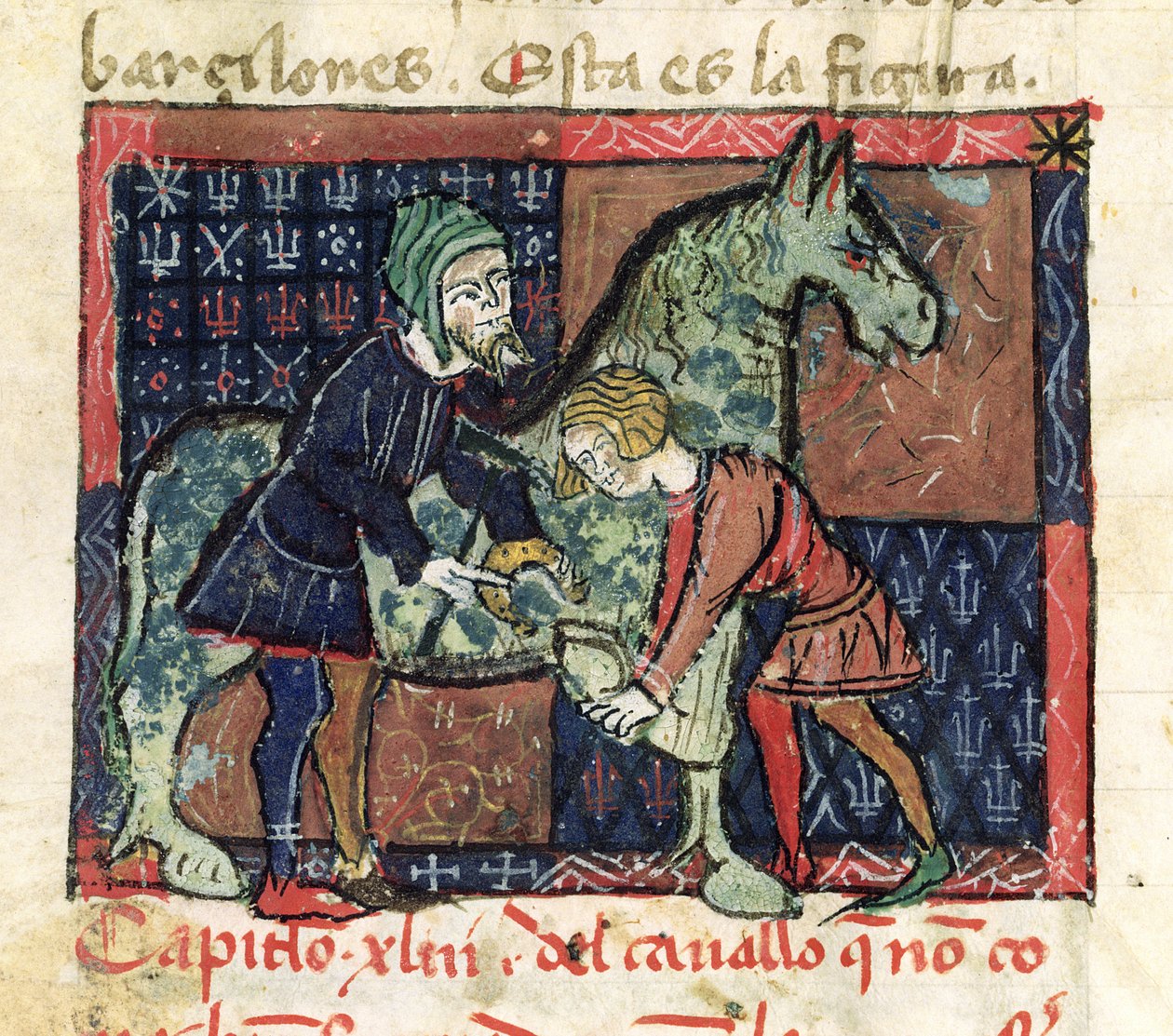 女士214 fol.46v来自Libro de Menescalcia的一匹马和Juan Alvarez的Albeyteria，c.1390 作者 西班牙语学校