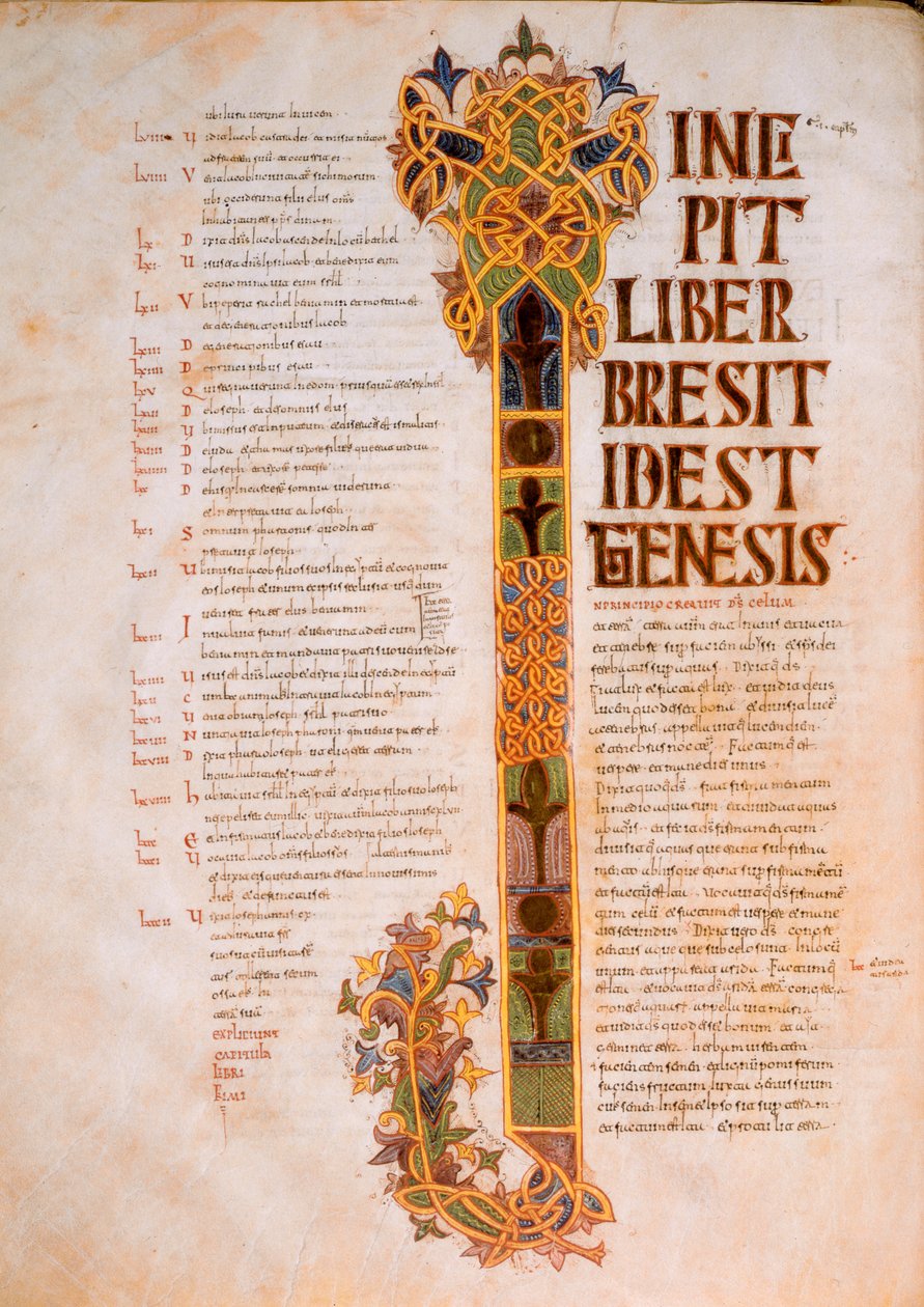 “圣经创世记”的开篇，圣经开头的首都，在Principio creavit Deus caelum，来自St. Isidores的Visigothic-Mozarabic圣经，公元960年，公元960年（蛋彩画） 作者 西班牙语学校