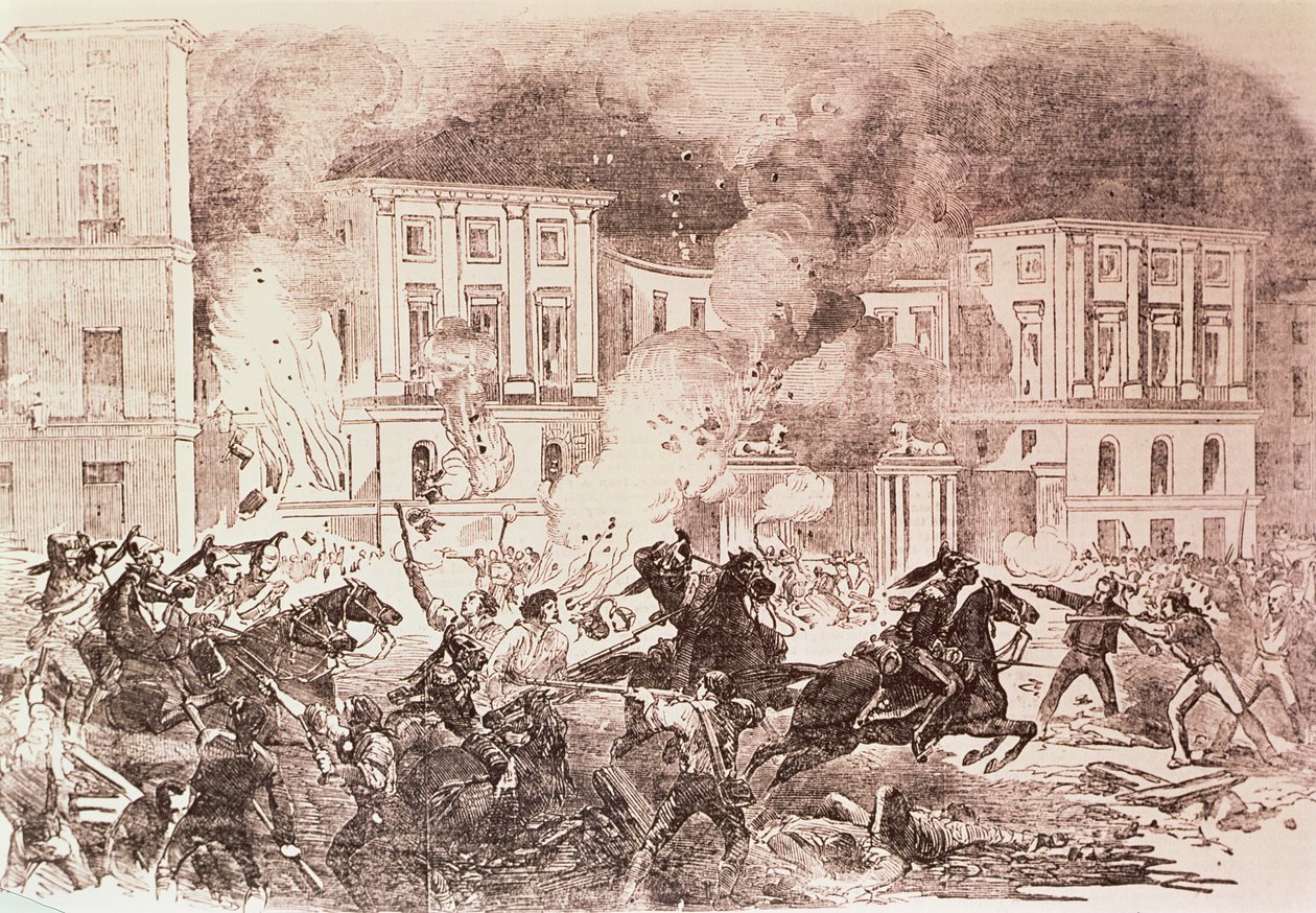 马德里的民粹主义起义，1854 年暴乱者试图放火焚烧玛丽亚-克里斯蒂娜王后的宫殿（石版画） 作者 西班牙语学校