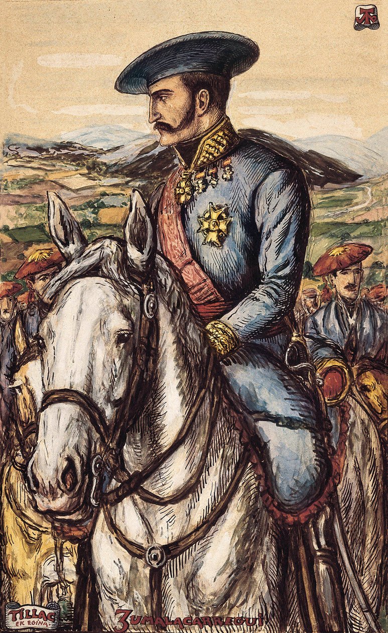 Tomas Zumalacarregui (1788-1835) 的肖像，第一次战争 (1833-1840) 期间卡洛斯军的一名军事成员（石版画） 作者 西班牙语学校