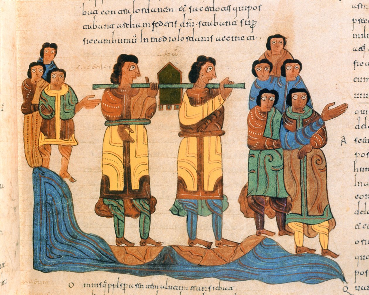 牧师带着约旦河的约柜，出埃及记16：6，来自圣伊西多尔的Visigothic-Mozarabic圣经，公元960年，公元960年（牛皮纸上的蛋彩画） 作者 西班牙语学校