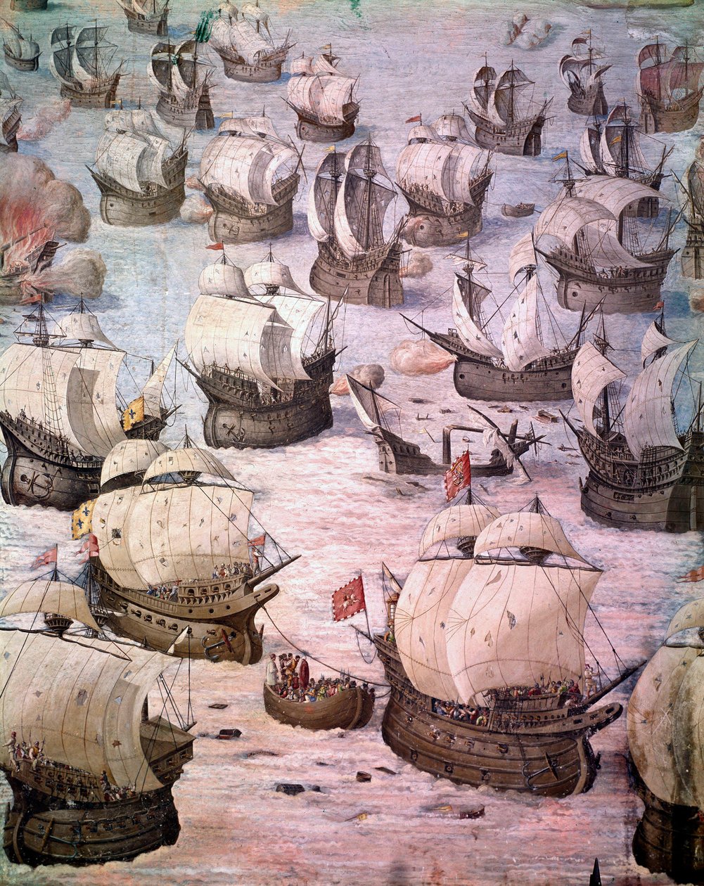 1582年西班牙国王菲利普二世（1527-1598年）远征阿科雷群岛期间的西班牙大帆船帆船赛。16世纪的壁画。马德里埃斯科里亚尔宫的战斗大厅。 作者 西班牙语学校